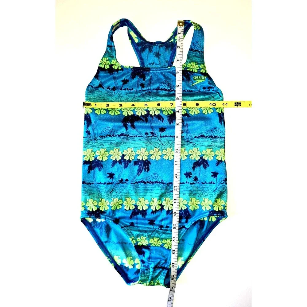Speedo 1 Piece Swimsuit Girls 12 Floral Blue Green Racerback Athletic VTG Sporty
